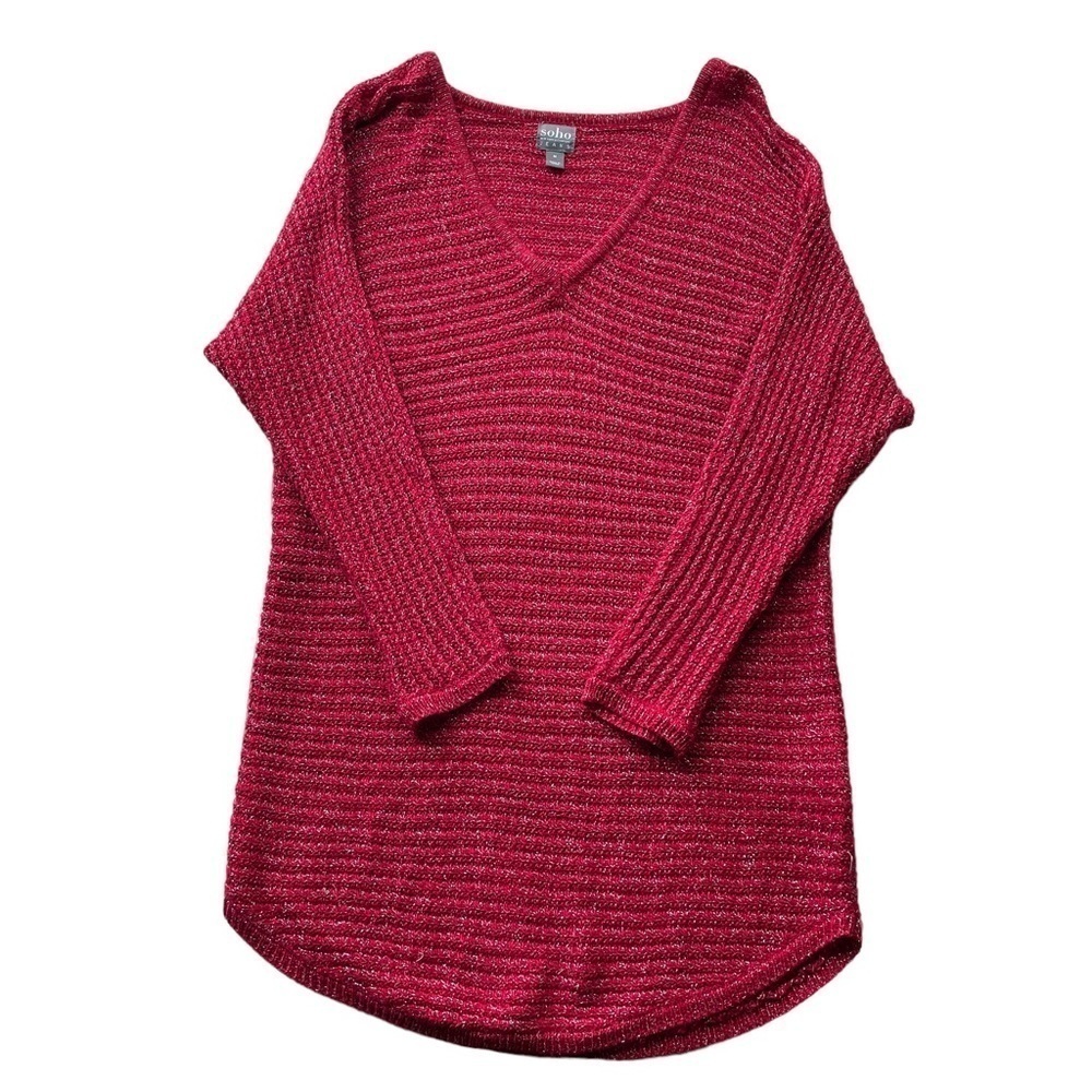 SOHO New York & Co Tunic Sweater Cable knit Ruby Red medium V-neck workwear